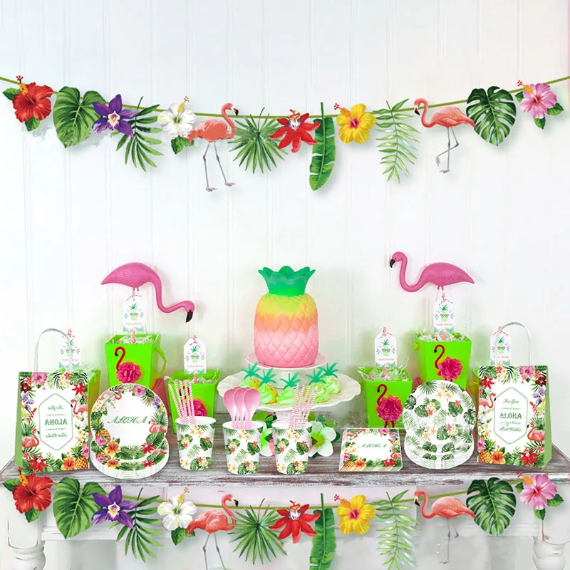 Летние тропические одноразовые столовые приборы зеленая Пальмовая бумага с Фламинго Салфетка под тарелку кружку соломенная Гавайская Луау вечерние принадлежности Свадебный декор