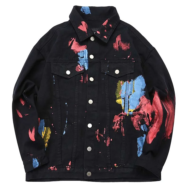 Mcikkny Brand Vintage Men's Graffiti Print Jean Jackets Paint Splash Loose Denim Jackets Hi-street Streetwear Coats For Male   (5)
