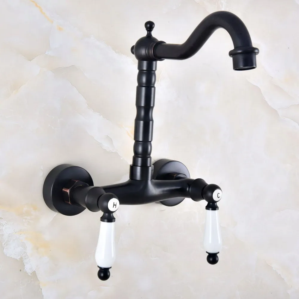 

Kitchen Wet Bar Bathroom Vessel Sink Faucet Black Oil Rubbed Brass Wall Mounted Swivel Spout Mixer Tap Dual Ceramic Lever mnf824