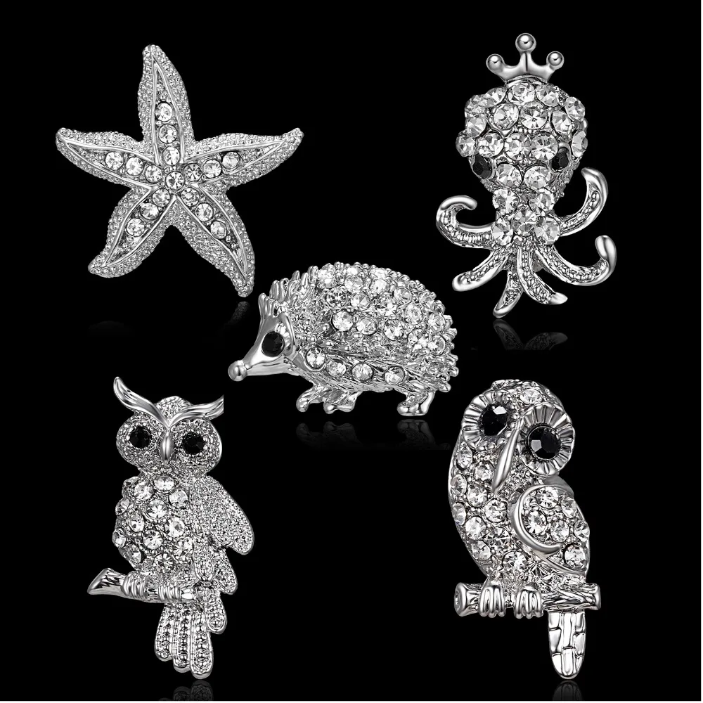 

Silver Color Crystal Animal Brooch Rhinestone Alloy Owl Starfish Hedgehog Squid Clothes Pin Brooches For Women Jewelry Gifts