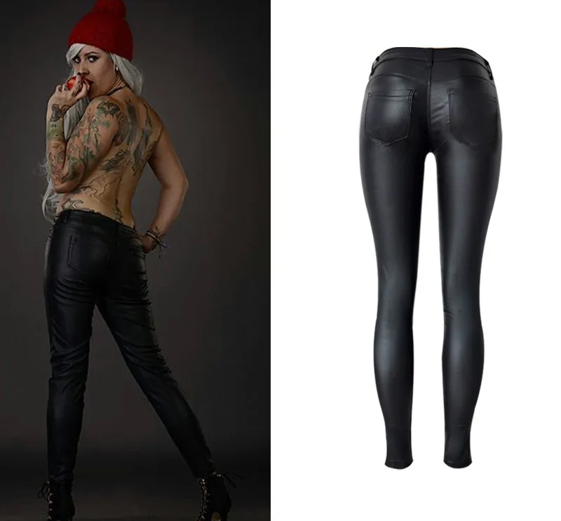 Локомотив черные брюки женские с низкой талией из искусственной кожи Pantalones Mujer Push