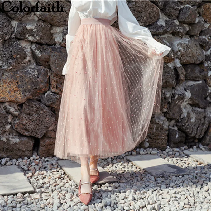 

Colorfaith 2019 Women Casual Mesh Flared Beading Long Tutu Skirt Spring Summer Pleated Sweet Ball Gown High Waist Female SK7109