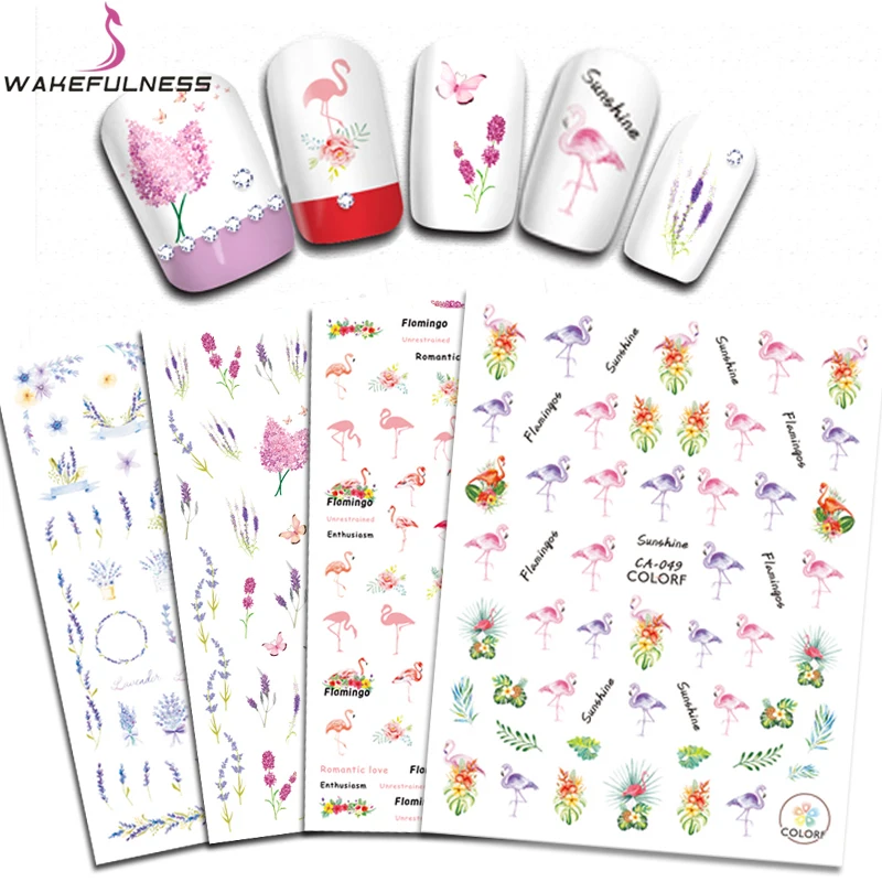

WAKEFULNESS 4 Sheets Lavender 3D Nail Stickers Flamingo Adhesive Decals Set Nail Art Sticker Manicure DIY Tips Decorations