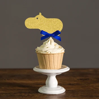 

Custom Bow & Gold/Silver Black Glitter Hippo Cupcake Toppers Picks Baby Shower Birthday Animal Party Decorations Cake Accessory