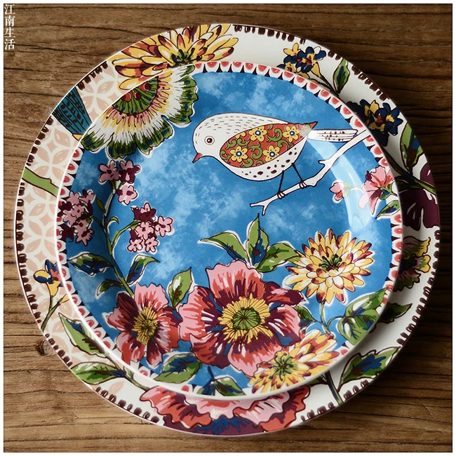 Новое поступление уникальные керамические цветочные тарелки для птиц посуда домашняя подглазурная краска блюда салат фрукты стейк тарелка рынок