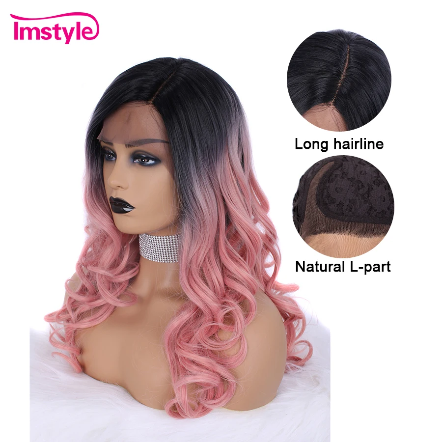 Imstyle Ombre розовые парики Волнистые Синтетические кружева спереди парик для женщин Термостойкое волокно натуральный парик для косплея