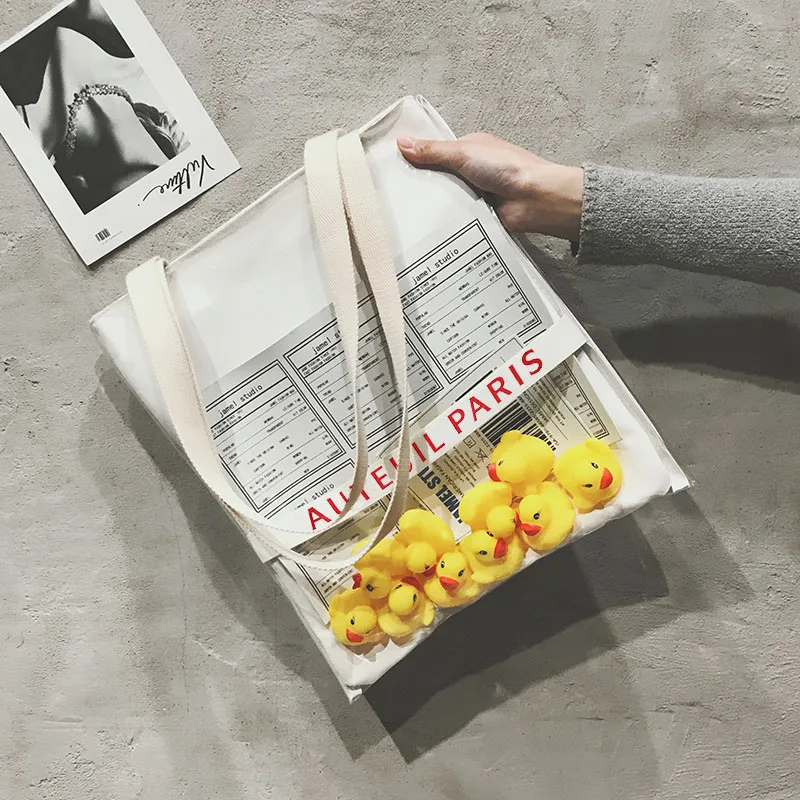 Модная Холщовая Сумка, женская сумка через плечо, новинка, большая посылка ins, ультратонкая, маленькая, желтая утка, шикарная, прозрачная сумка - Цвет: White-duck