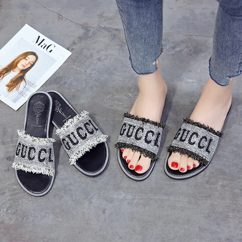 

2019 shoes Woman Slippers soft Summer Fashion open toe Rhineston mixed colors letter low heels flats Female Slides pantufla