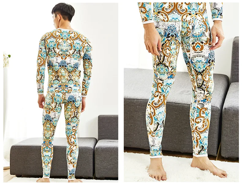 Men's Leaf Printing Autumn and Winter Thin Basic Men's Bottom Trousers Ankle-length U Pouch Bag Design Push Up(only Pants) best mens long underwear