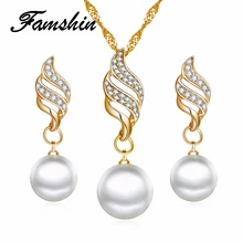 FAMSHIN Fashion Women Necklace Earrings Jewelry Sets Crystal Gold Color Big Simulated Pearl Wedding Party Jewelry Sets For Women