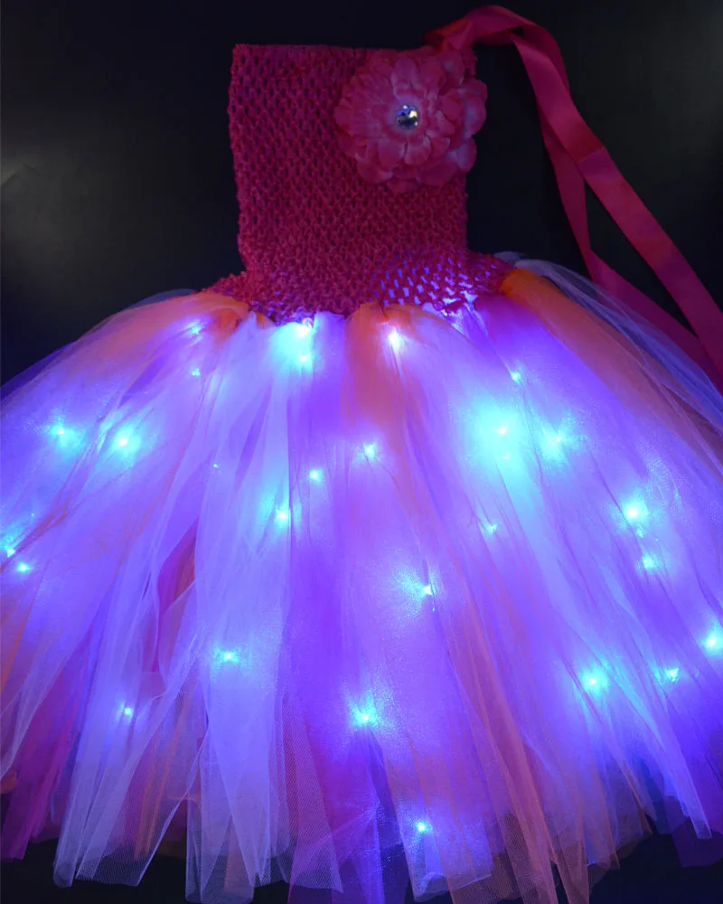 LED Glowing Light Kids Girls Rainbow Dress Princess Suspender Tutu Ball