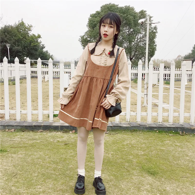 Милые вышитые поддельные платья из двух частей женские Япония Kawaii Ulzzang офисные