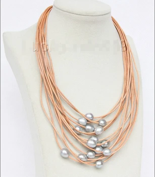

Hot sale A> Genuine 17"-24" 15row gray pearls khaki leather necklace