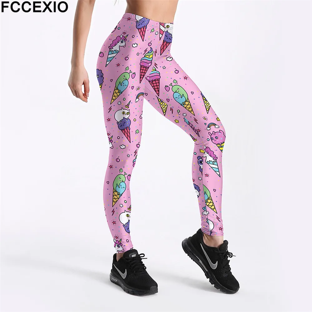 

FCCEXIO New Workout Leggings High Waist Fitness Legging Pink Ice cream Unicorn Print Leggins Female Leg Pants Large Size Legging