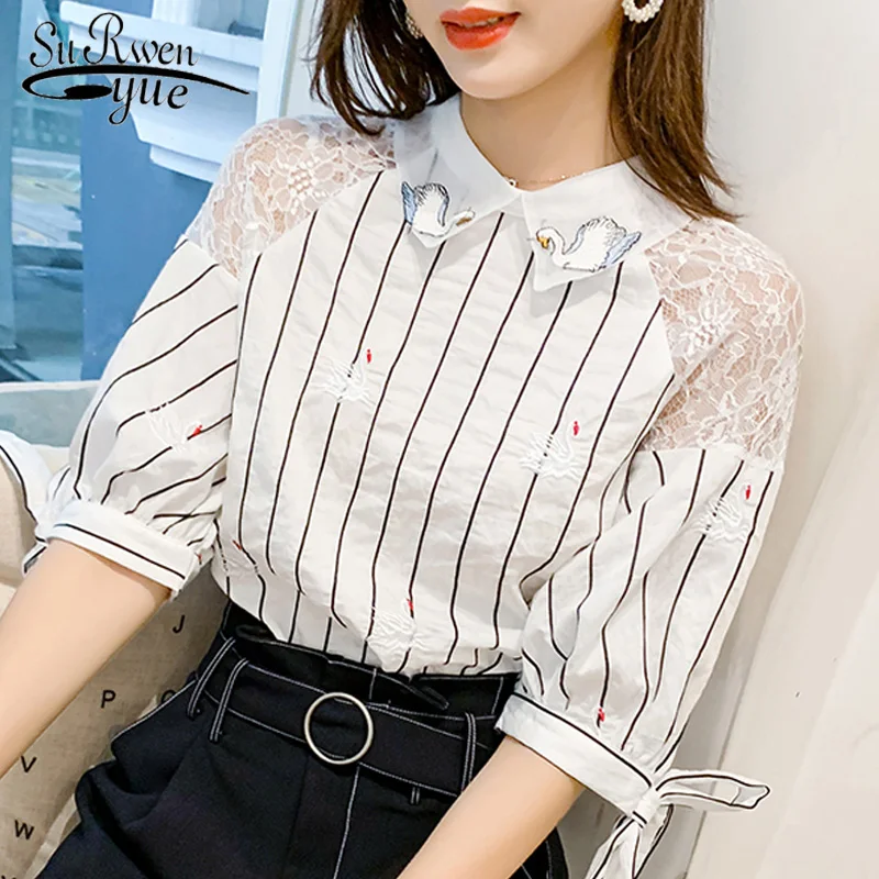 Women Blouses 2019 Summer Short Sleeve Female Top Embroidery Striped Women Blouse Womens Tops and Blouses 4503 50