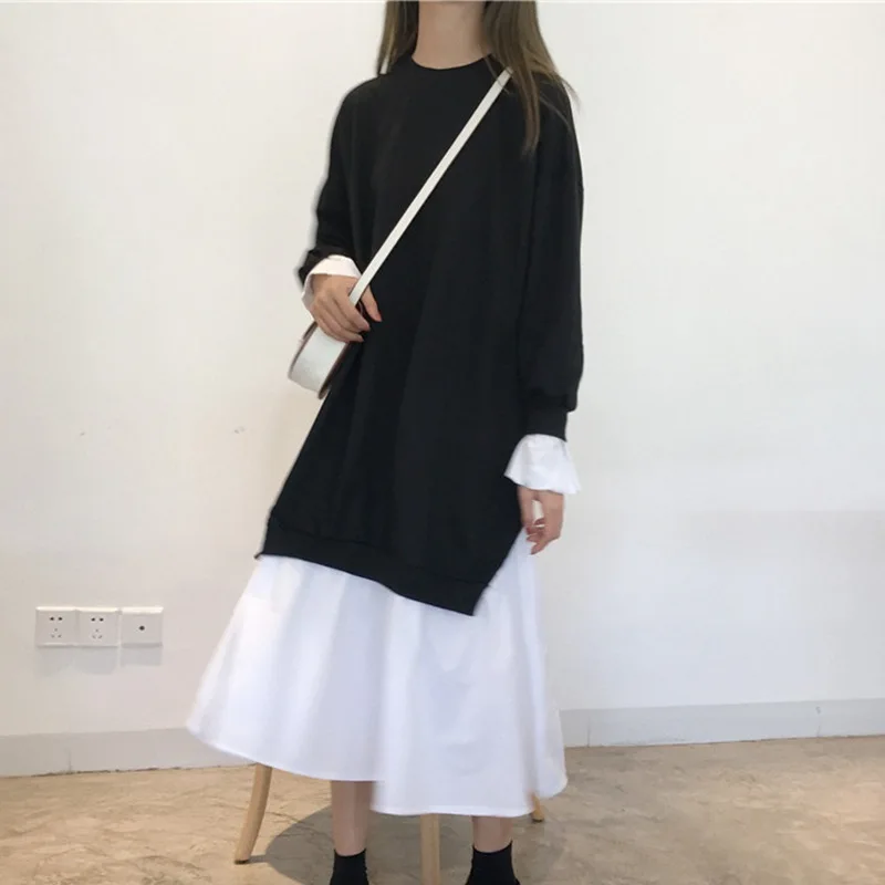

Mferlier Women Winter Dress O Neck Long Sleeve Split Ruffles Hem Splice Loose Mori Girl Fake Two Piece Mid Calf Woman Dress