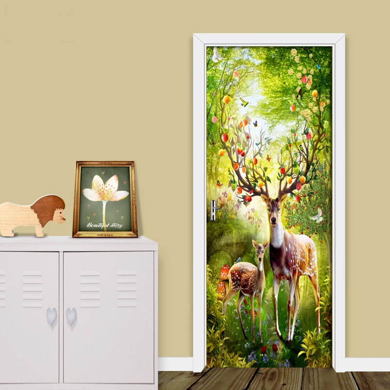 DIY дверной стикер ПВХ водонепроницаемые самоклеющиеся наклейки на стену лесной Лось 3D обои плакат Декор для гостиной 3D наклейки