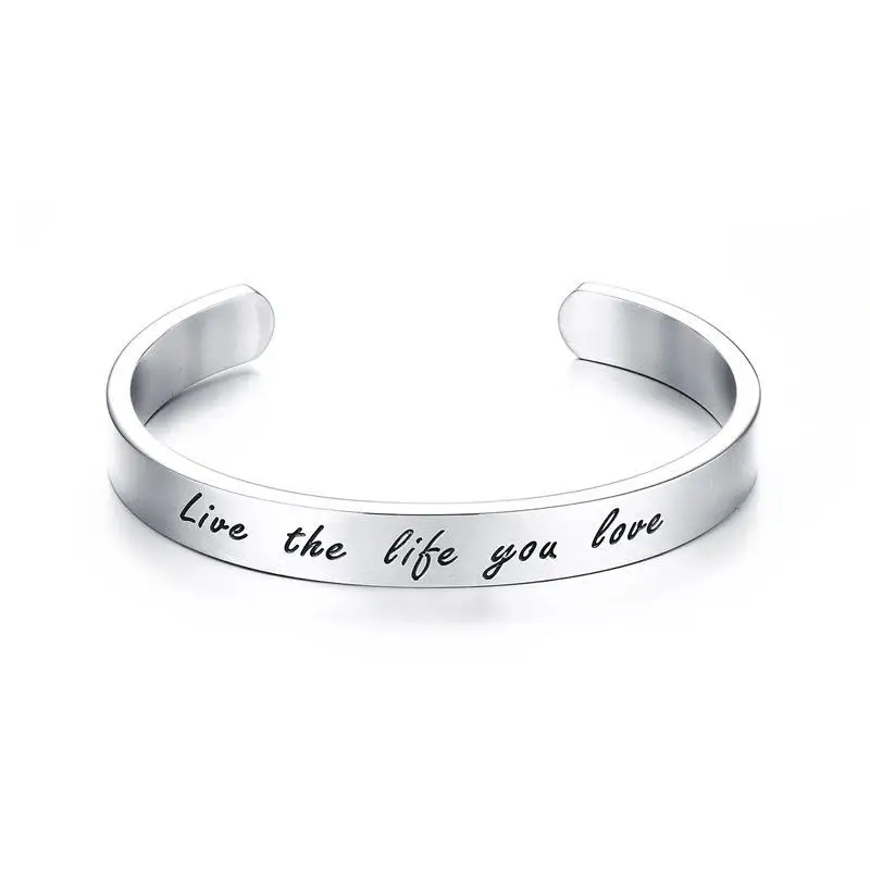 English Lettering Love Words Open Bangle Stainless Steel Don't Fade for Unisex 8MM Width Adjustable Size | Украшения и