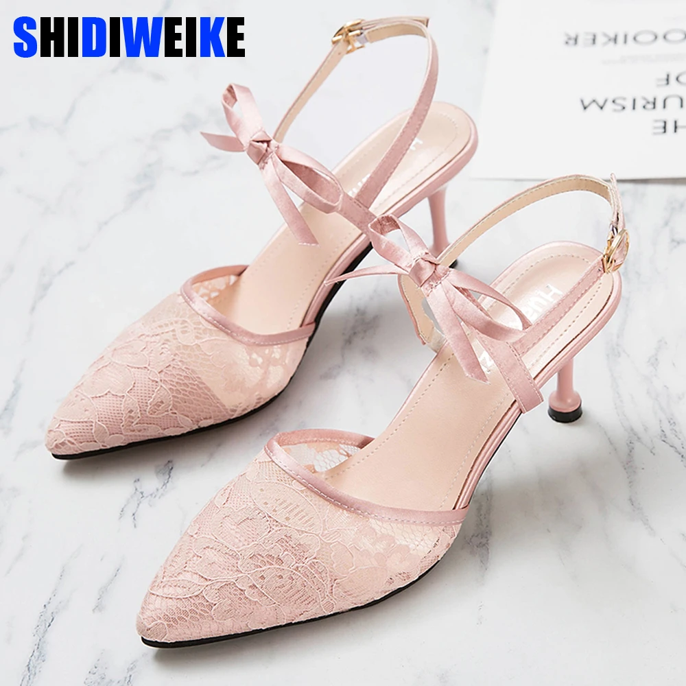 

2019 Sexy bow-knot Lace Mesh Pumps Women Pointed Fashion Party Shoes Show Thin High Heels Shoes Women's Slingbacks Shoes Shallow
