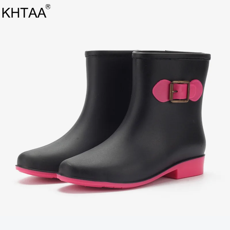 

KHTAA Women Rubber Metal Slip On Autumn Ankle Rain Boots Female Waterproof Concise Platform Low Heels Ladies Fashion Shoes