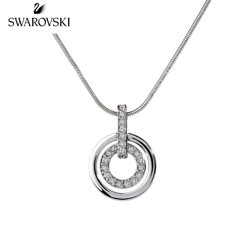 

Genuine Swarovski simple elegant shiny Circle double-ring lollipop pendant ladies Fashion clavicle Chain Silver 681251