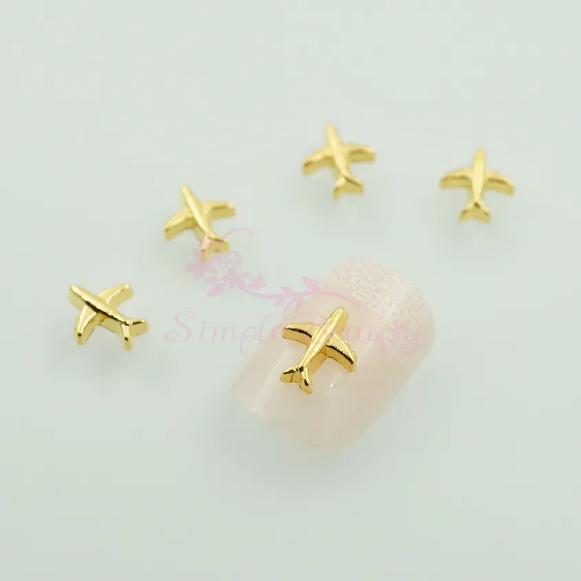 100PCS/LOT Airplane Shape 3D DIY Decor Gold Plated Metal Alloy Nail Art Manicure Charms Jewelry Scrapbook Phone Case Accessories 2
