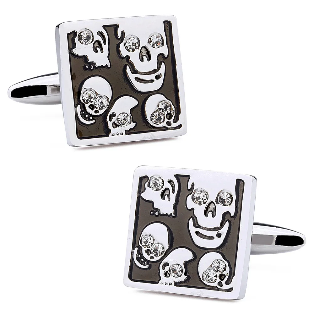 

Trendy Black Enamel Men Skull Cuff Link Crystal Skeleton Cufflinks Wholesale Cuff with Box