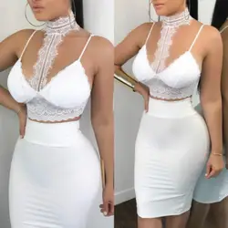 Женская одежда Для женщин 2 шт. Bodycon 2018 летние пикантные Клубные без рукавов бретели на полях Топ и юбка набор кружева Вечерние