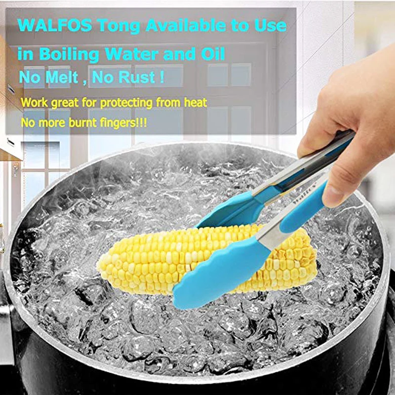 Walfos Silicone Tongs for Cooking - Heat Resistant kitchen tongs for  Salad,Cooking, Grilling,Stainless Steel and BPA Free Silicone Tips set of 3  (7