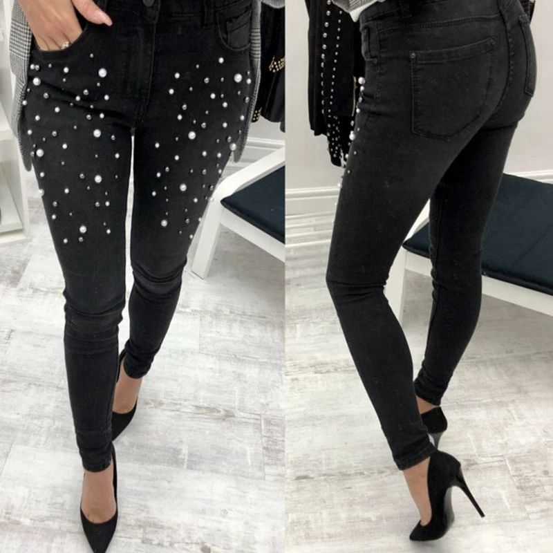 Kaufen Frauen blau Jeans Hosen Dünne Perle Perlen schwarz Jeans Sommer Frühling damen hohe taille Zipper Fly Lange Denim Casual mom jeans