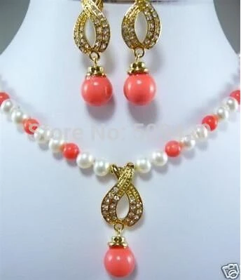 

hot sell7-8MM White Akoya Cultured Pearl /Pink Coral Necklace Earring Set AAA