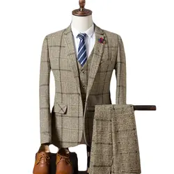 Для мужчин свадебные клетчатый костюм осень 2019 г. Slim Fit Свадебные бренд 3 предмета бизнес вечерний для шафера (куртка + жилет штаны)