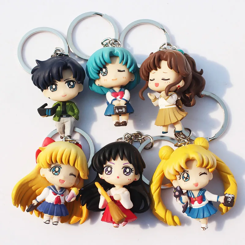 

6pcs/set Q Verison Sailor Moon Keychain Pendant Tsukino Usagi Sailor Mars Jupiter Venus Mercury Tuxedo PVC Figure Toys