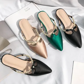 

kmeioo woman low heel shoes pointed toe mule slides women pearl mules string beads mule slippers women outside slides