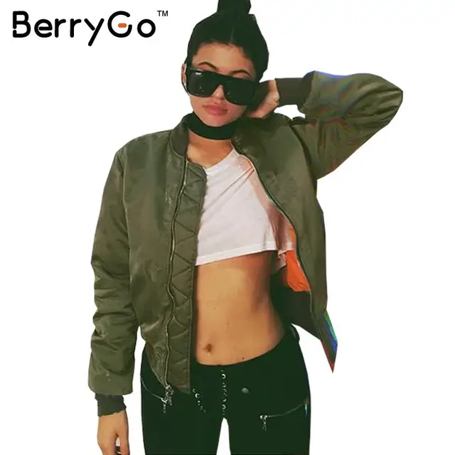 BerryGo Зима парки Army Green бомбардировщик куртка Женщин пальто прохладно основные пуховик Проложенный молния куртки байкер пиджаки