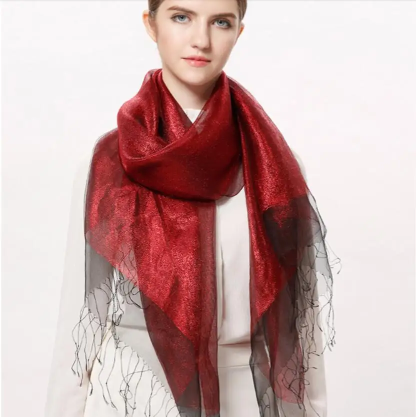 Silk Scarf Women Pashmina Summer silk fabric Dark Red Fringed scarves ...