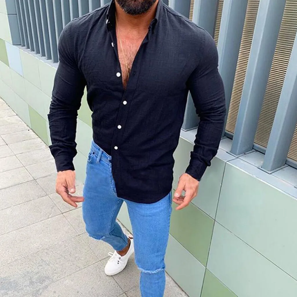 2019 мужские рубашки новый Slub с длинным рукавом пуговица топ с отворотом мужская одежда модная удобная льняная рубашка Повседневная