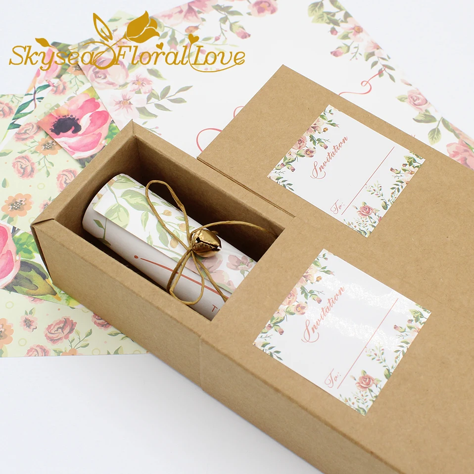 

Wedding invitation box marriage invitations card high quality kraft paper carton hemp rope bell scroll invitations 30pcs/lot