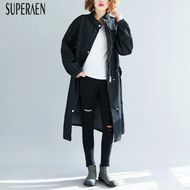 

SuperAen Zipper Korean Style Denim Trench Coat for Women Loose Pluz Size Wild Ladies Windbreaker Autumn and Spring New 2019