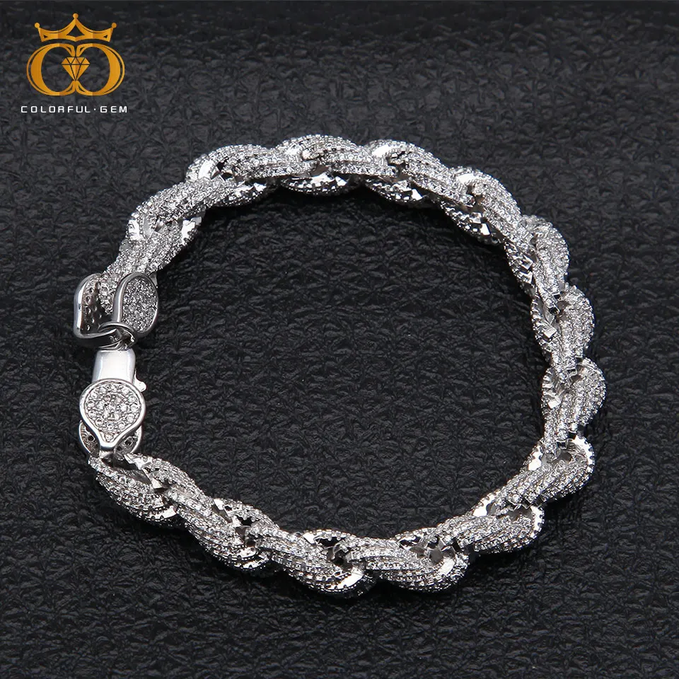 

Colorful.Gem Mens AAA Zircon Cuban Chains Bracelet Silver Color Copper Material Iced Out CZ Chain Hip hop Bracelet 8mm*8inch
