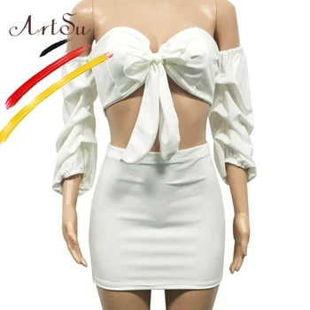 

ArtSu Women Party Suits Big Bow Off Shoulder Lantern Sleeve Bandage Crop Top+Short Skirt 2 Piece Set Female Sexy Outfits
