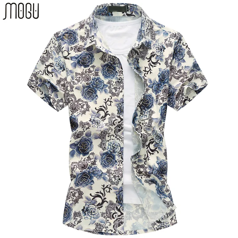Mogu цветочный гавайская рубашка Для мужчин короткий рукав Лето 2017 г. Новая мода печатных Повседневное Для мужчин рубашка Slim Fit плюс Размеры