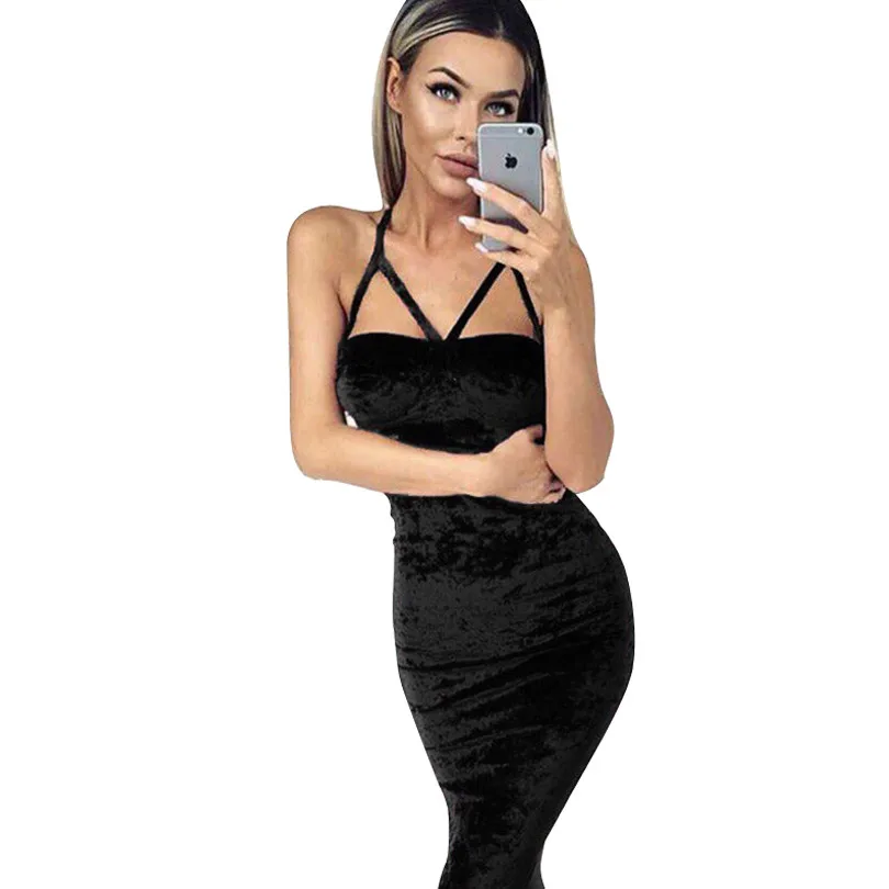

MVGIRLRU Summer Velvet dress Women sleeveless Dresses Solid color Club Party Backless Pencil Dress