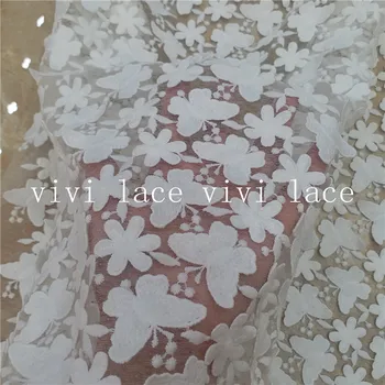

5 yards BB0010 # ivory 3d flower butterfly diamond tulle mesh net lace fabric for wedding/ sawing/party dress