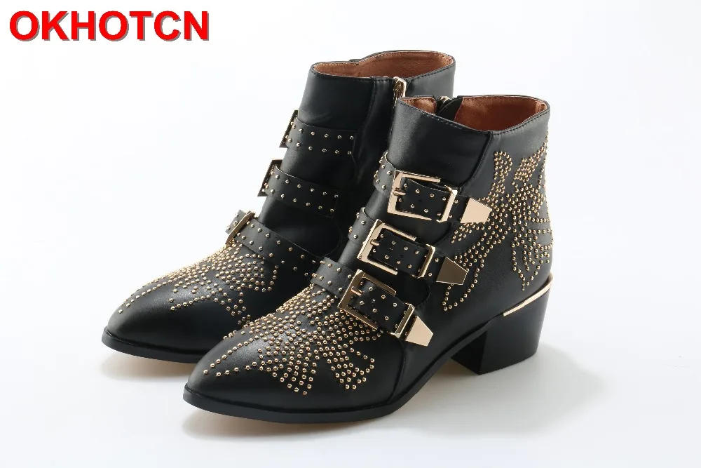 

Rivets Studded Booties Buckle Straps Genuine Leather Women Ankle Boots Thick Med Square Heel Motorcycle Boots Woman Riding Boots