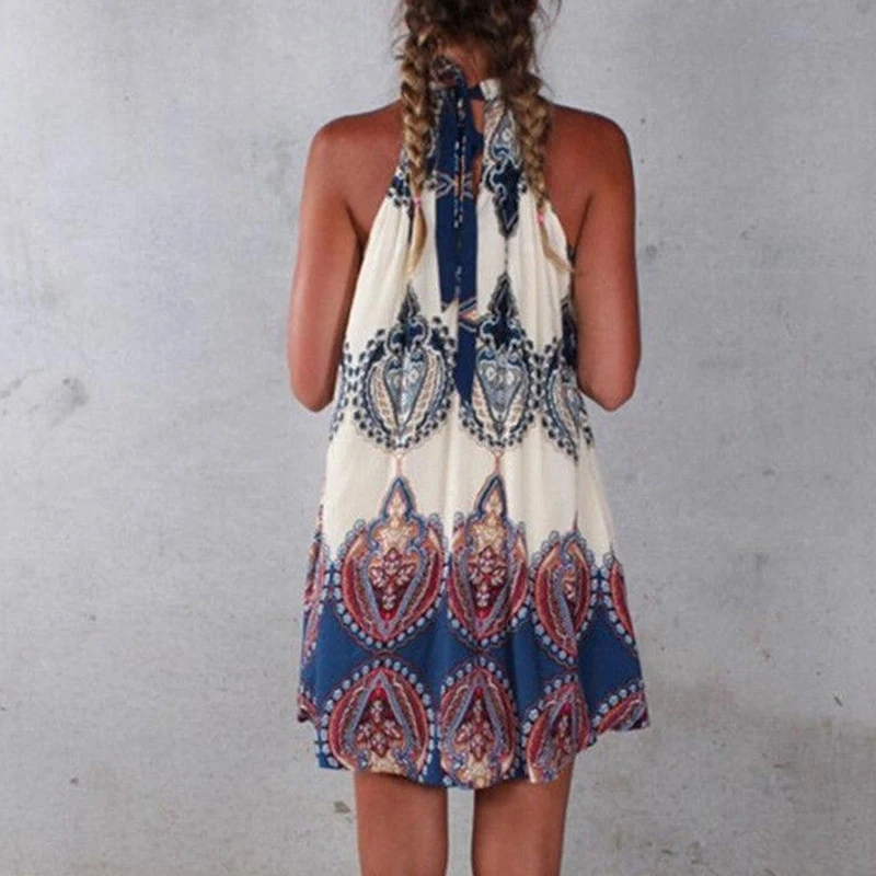 Casual Loose Holiday Beach Party Dress Woman Halter Sleeveless Short Dresses Ladies Summer Floral Printed Dress Mini Vestidos