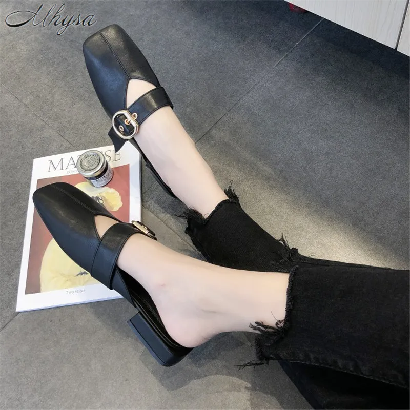 

Mhysa 2019 New Women Slippers buckle Low Heels Spring Women Slides Outside Square Toe comfortable Fashion Girls Slipper T143