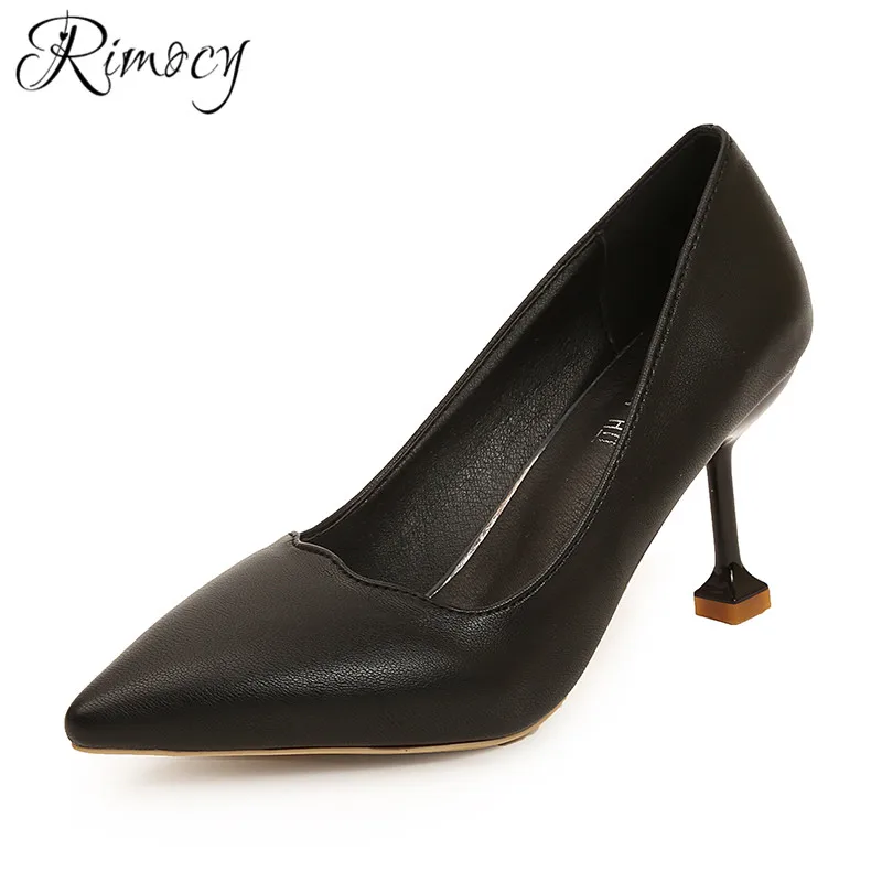 Rimocy solid black high heel pumps women elegant PU single shoes woman concise dress shoes 2019 spring office lady working shoes