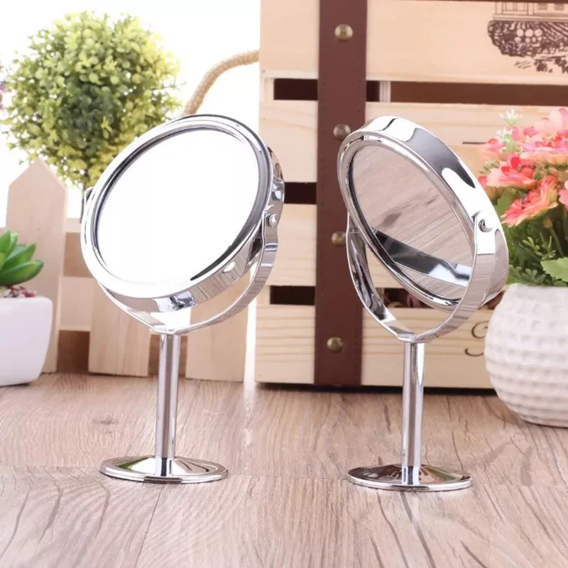 

Small Round Stainless Steel Desktop Cosmetic Mirror Portable Travel Metal Double-side 2x Magnifying Table Stand Makeup Mirror
