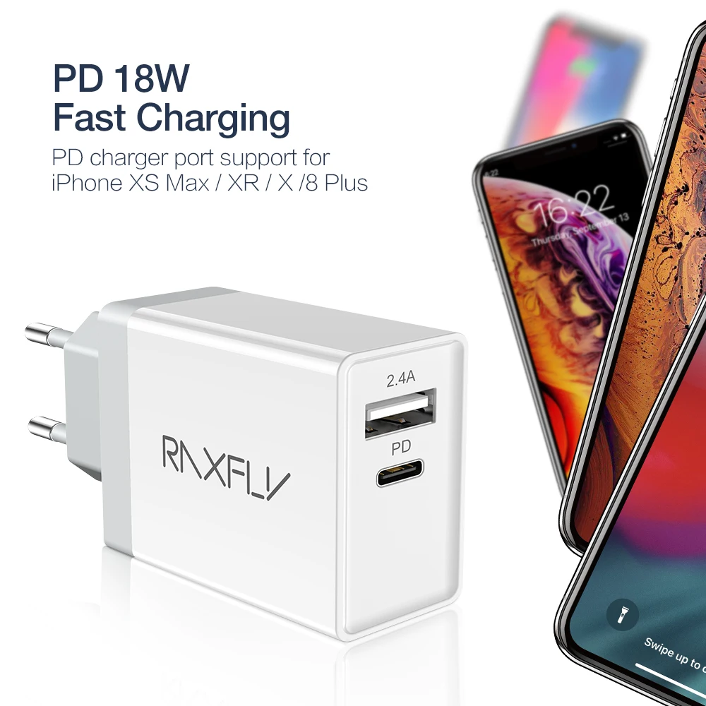 RAXFLY 30 Вт USD PD зарядное устройство для телефона iPhone XS Max XR 8 Plus с двумя портами